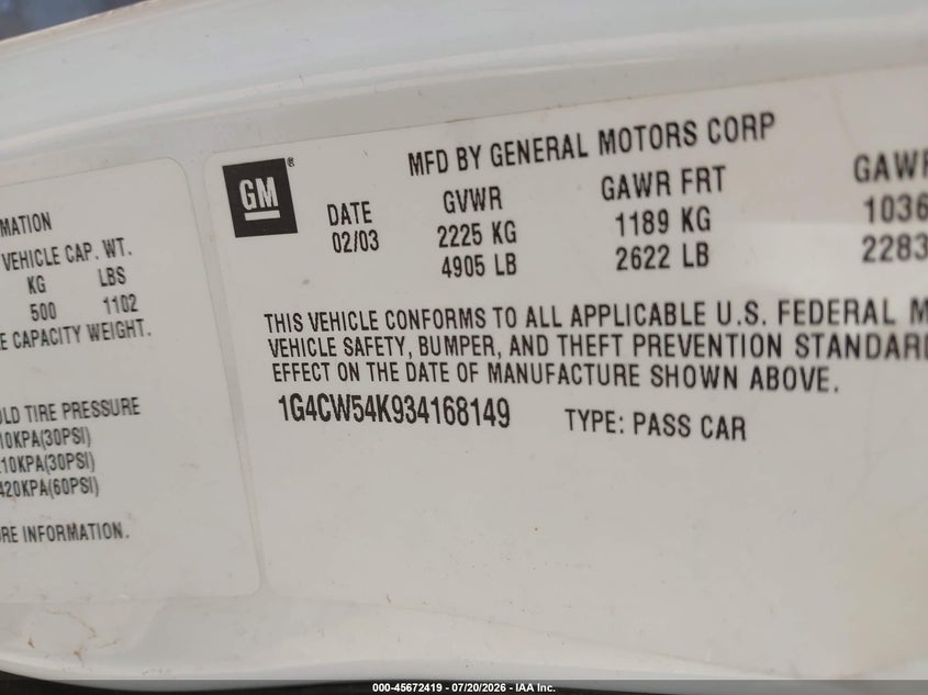 2003 Buick Park Avenue VIN: 1G4CW54K934168149 Lot: 45672419