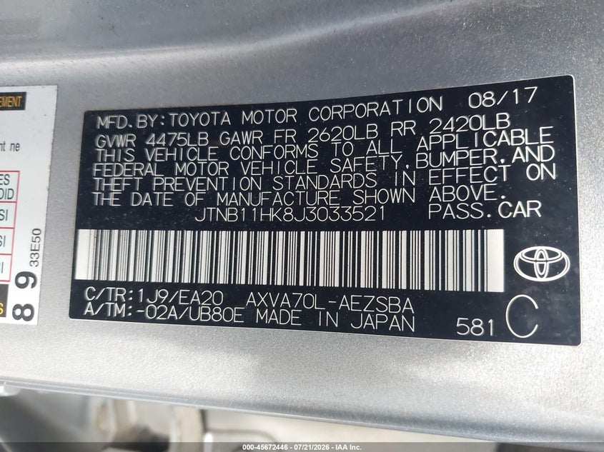 2018 Toyota Camry Se VIN: JTNB11HK8J3033521 Lot: 45672446