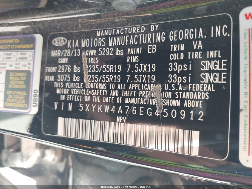 2014 Kia Sorento Limited V6 VIN: 5XYKW4A76EG450912 Lot: 45672460