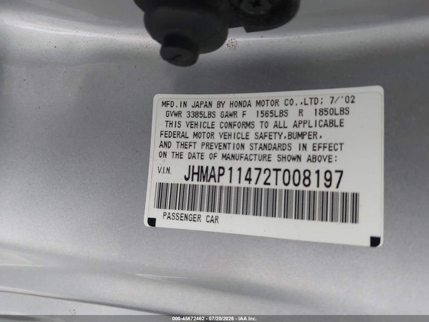 2002 Honda S2000 VIN: JHMAP11472T008197 Lot: 45672462