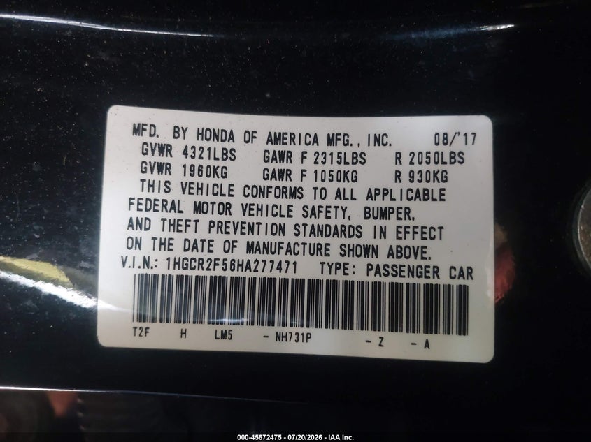 2017 Honda Accord Sport VIN: 1HGCR2F56HA277471 Lot: 45672475