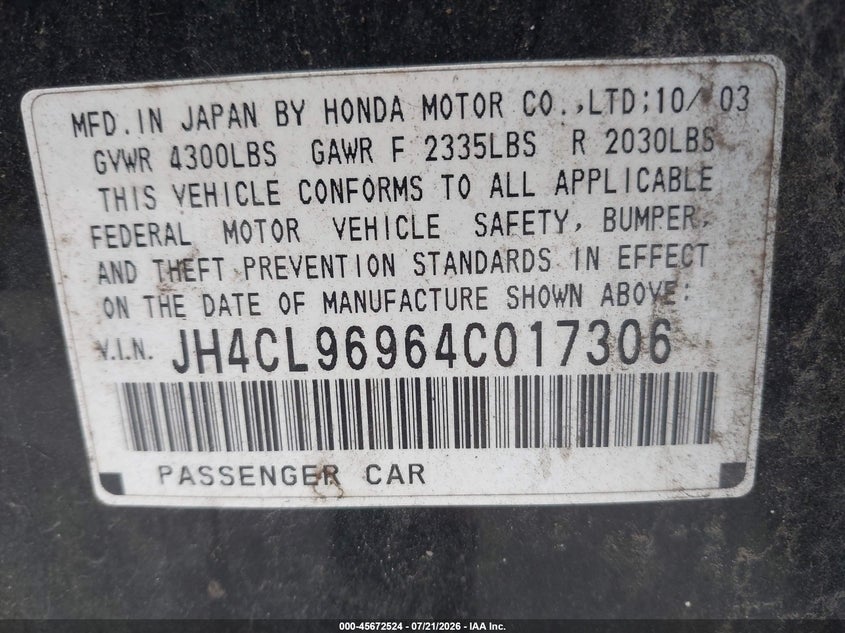 2004 Acura Tsx VIN: JH4CL96964C017306 Lot: 45672524