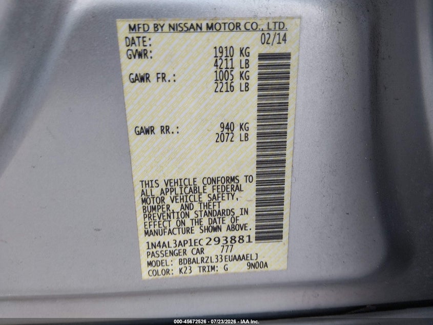 2014 NISSAN ALTIMA SEDAN 2.5L I-4 DOHC, VVT, 182HP