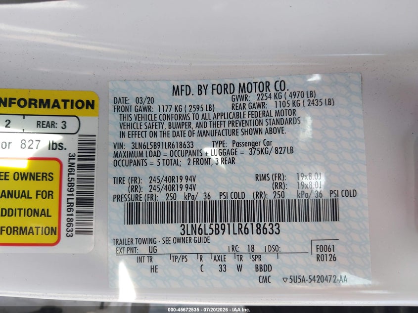 2020 Lincoln Mkz Standard VIN: 3LN6L5B91LR618633 Lot: 45672535