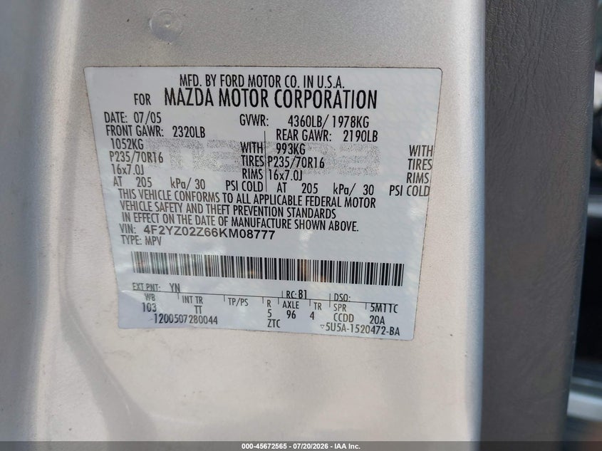 2006 Mazda Tribute I VIN: 4F2YZ02Z66KM08777 Lot: 45672565