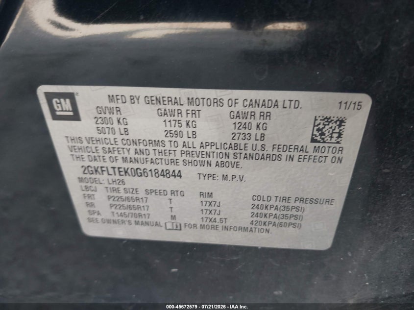 2016 GMC Terrain Sle-2 VIN: 2GKFLTEK0G6184844 Lot: 45672579