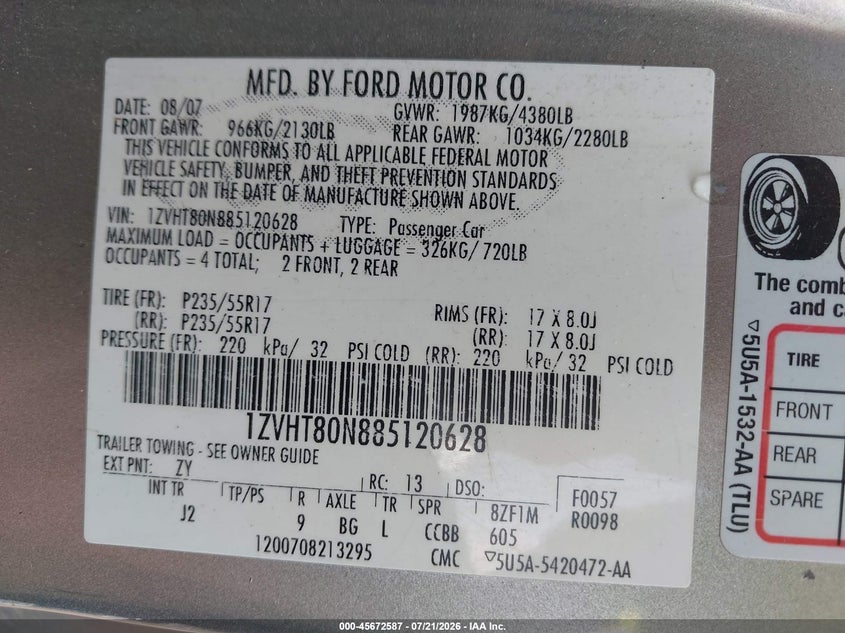 2008 Ford Mustang V6 Deluxe/V6 Premium VIN: 1ZVHT80N885120628 Lot: 45672587