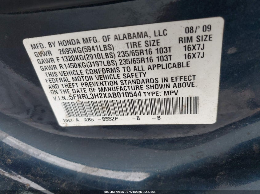 2010 Honda Odyssey Lx VIN: 5FNRL3H2XAB010544 Lot: 45672605