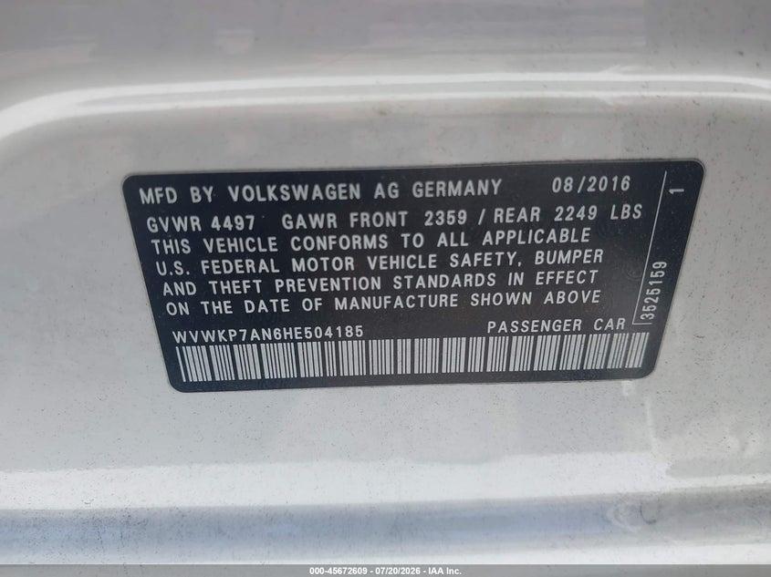 2017 Volkswagen Cc 2.0T Sport VIN: WVWKP7AN6HE504185 Lot: 45672609