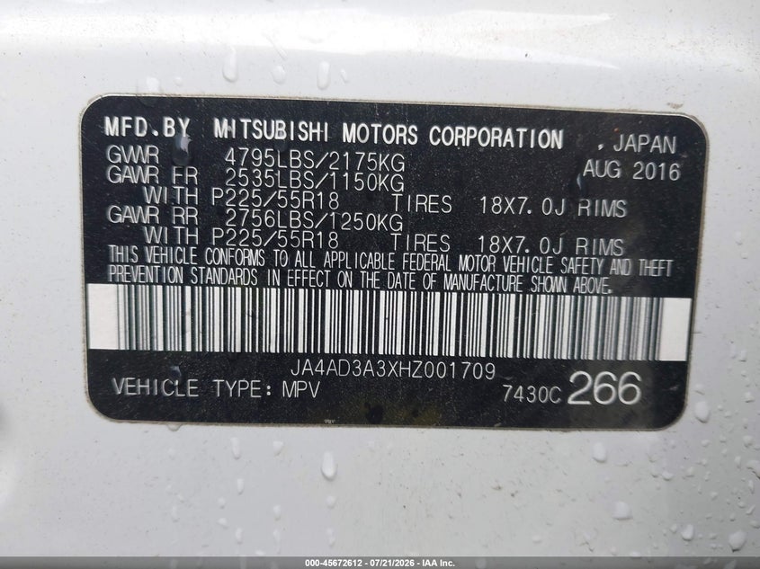 2017 Mitsubishi Outlander Se/Sel VIN: JA4AD3A3XHZ001709 Lot: 45672612