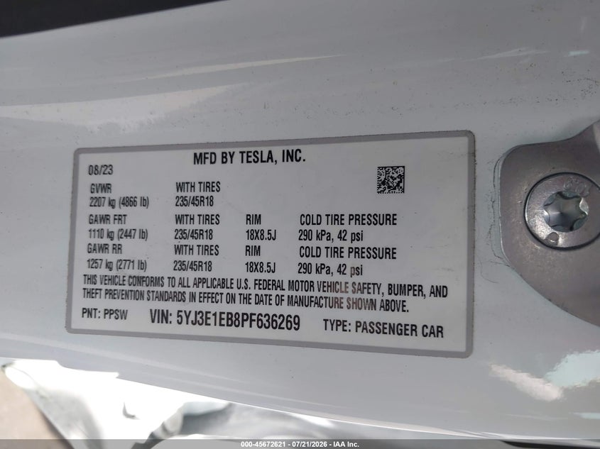 2023 Tesla Model 3 Long Range Dual Motor All-Wheel Drive VIN: 5YJ3E1EB8PF636269 Lot: 45672621