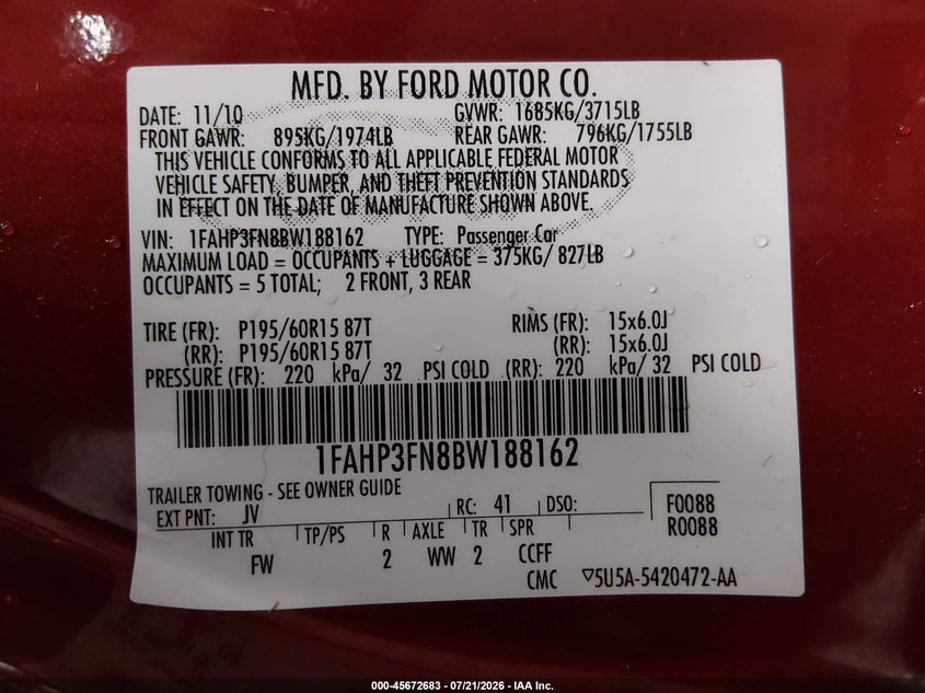 2011 Ford Focus Se VIN: 1FAHP3FN8BW188162 Lot: 45672683
