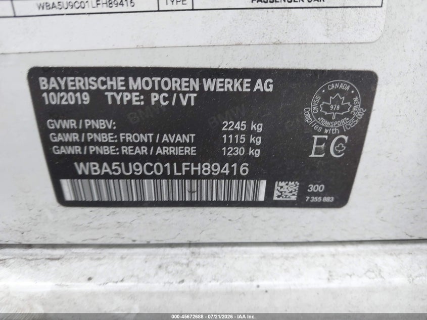 2020 BMW M340I M340I xDrive VIN: WBA5U9C01LFH89416 Lot: 45672688