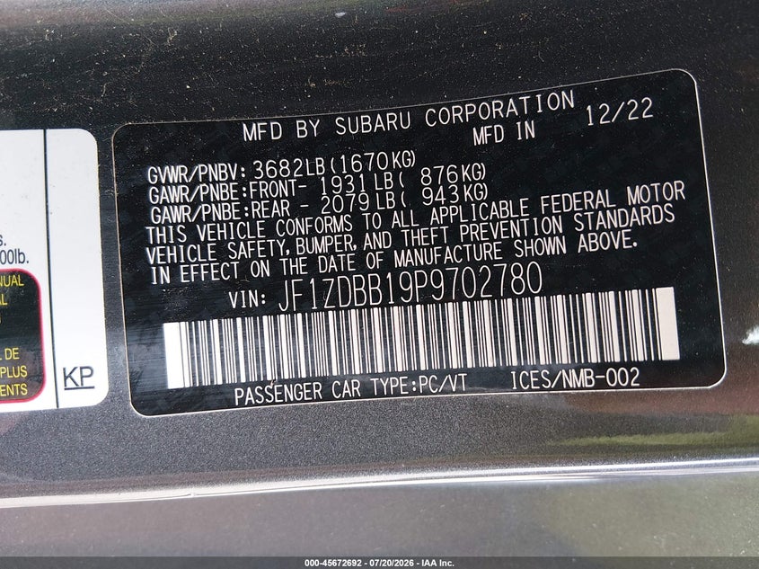 2023 Subaru Brz Premium VIN: JF1ZDBB19P9702780 Lot: 45672692
