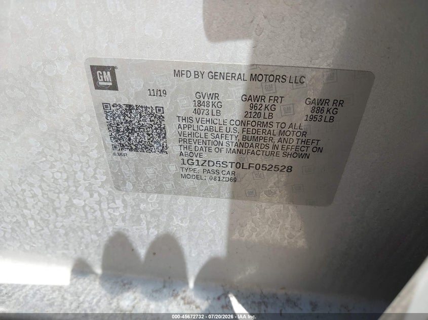 2020 Chevrolet Malibu Fwd Lt VIN: 1G1ZD5ST0LF052528 Lot: 45672732
