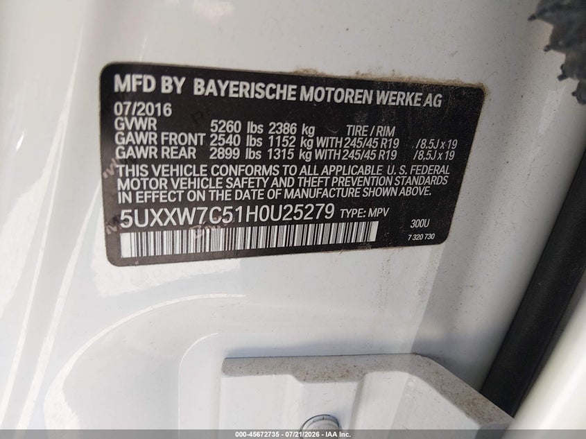 2017 BMW X4 M40I VIN: 5UXXW7C51H0U25279 Lot: 45672735