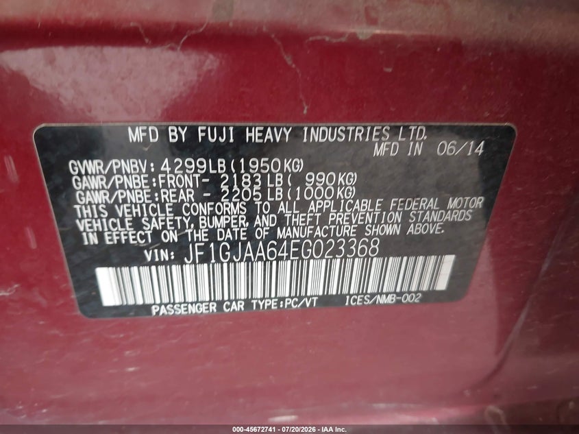 2014 Subaru Impreza 2.0I VIN: JF1GJAA64EG023368 Lot: 45672741
