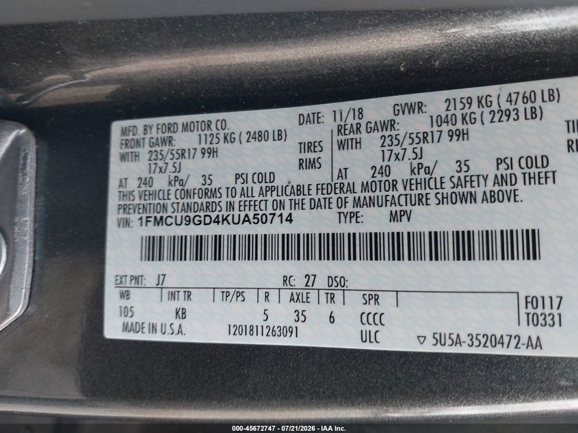 2019 Ford Escape Se VIN: 1FMCU9GD4KUA50714 Lot: 45672747