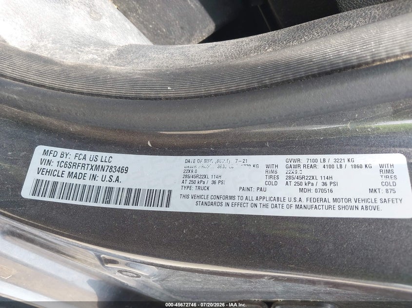 RAM 1500 2021 VIN 1C6SRFRTXMN783469