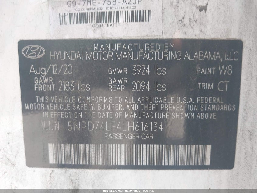 2020 Hyundai Elantra Se VIN: 5NPD74LF4LH616134 Lot: 45672768