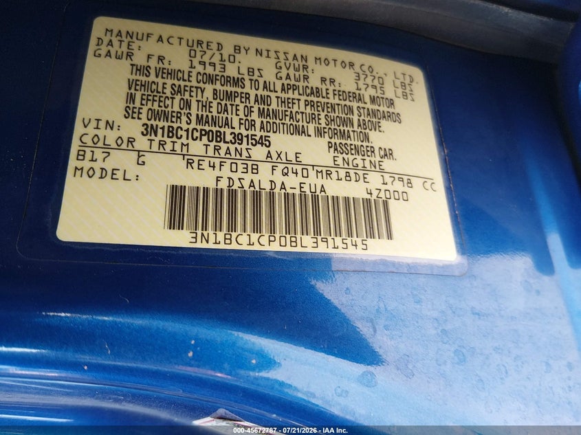 2011 Nissan Versa 1.8S VIN: 3N1BC1CP0BL391545 Lot: 45672787