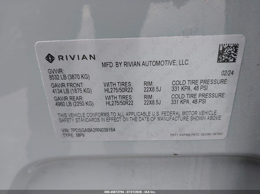 2024 Rivian R1S Adventure Quad Motor Large Pack VIN: 7PDSGABA2RN039164 Lot: 45672794