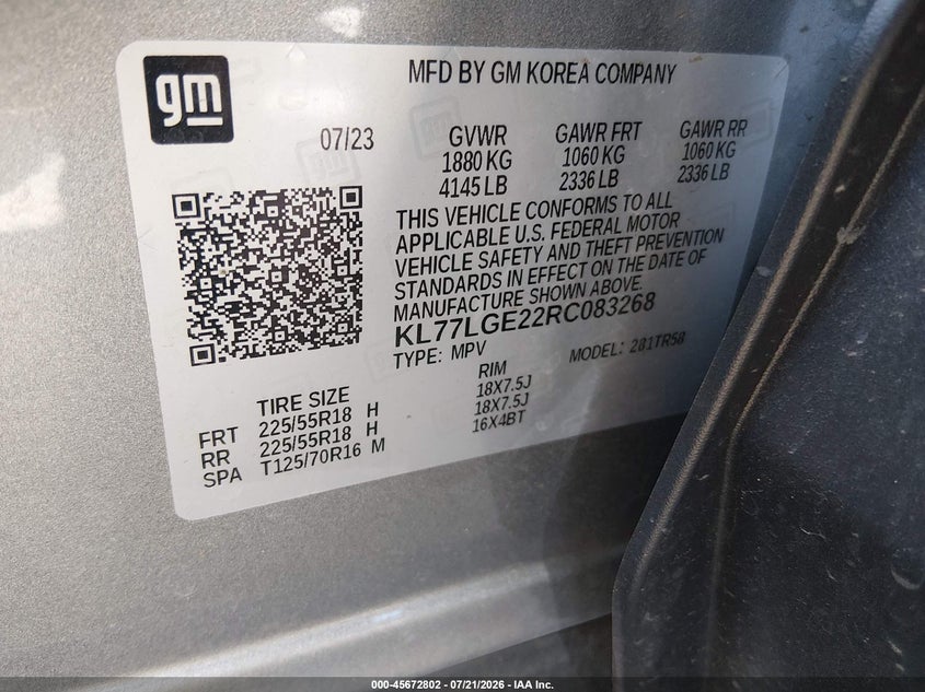 2024 Chevrolet Trax Fwd 1Rs VIN: KL77LGE22RC083268 Lot: 45672802