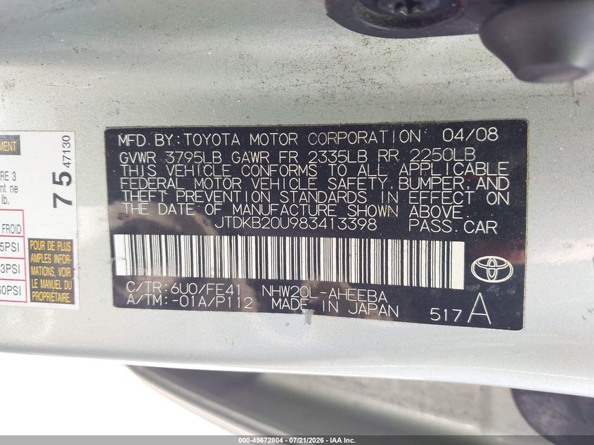 2008 Toyota Prius VIN: JTDKB20U983413398 Lot: 45672804