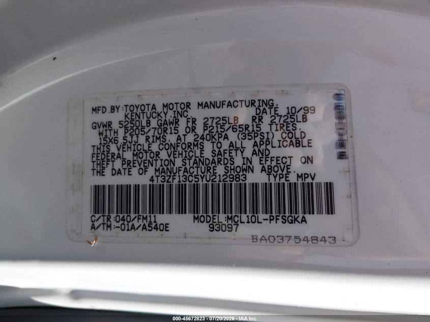 2000 Toyota Sienna Xle VIN: 4T3ZF13C5YU212983 Lot: 45672823