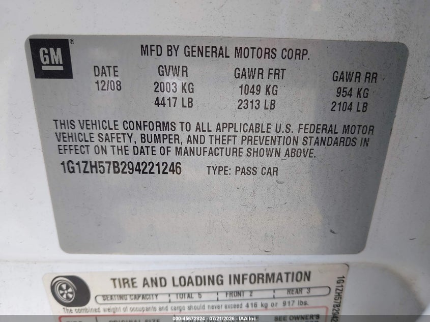 2009 Chevrolet Malibu Lt VIN: 1G1ZH57B294221246 Lot: 45672824