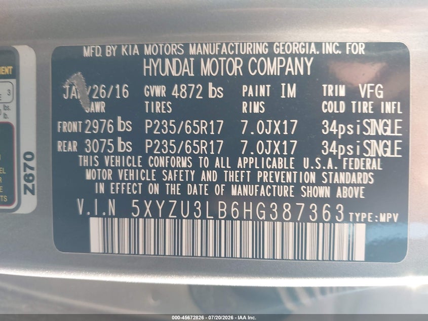 2017 Hyundai Santa Fe Sport 2.4L VIN: 5XYZU3LB6HG387363 Lot: 45672826