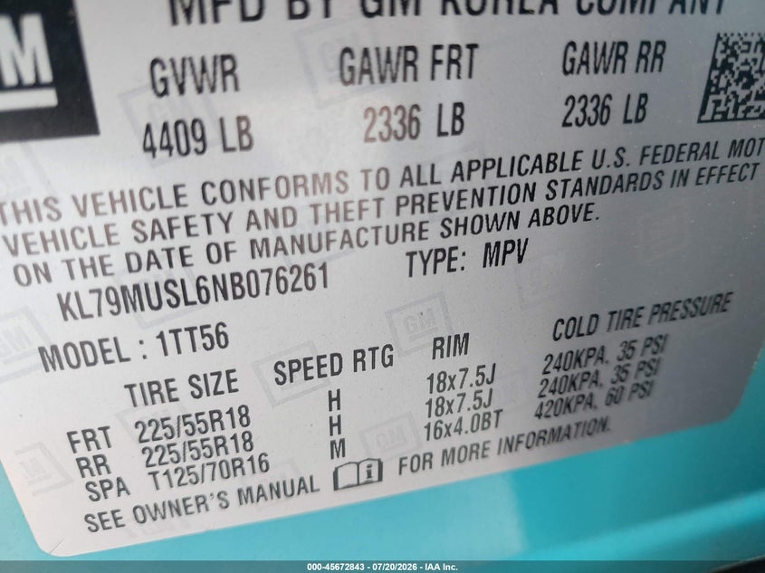 2022 Chevrolet Trailblazer Awd Rs VIN: KL79MUSL6NB076261 Lot: 45672843