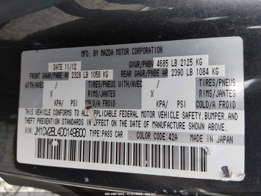 2013 Mazda Mazda5 Sport VIN: JM1CW2BL4D0149600 Lot: 45672853