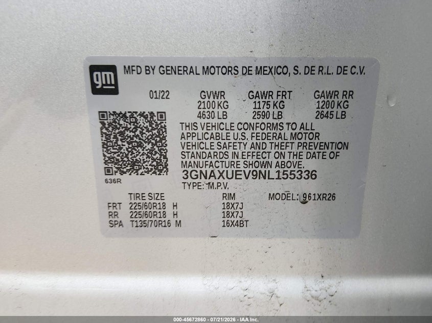2022 Chevrolet Equinox Awd Lt VIN: 3GNAXUEV9NL155336 Lot: 45672860