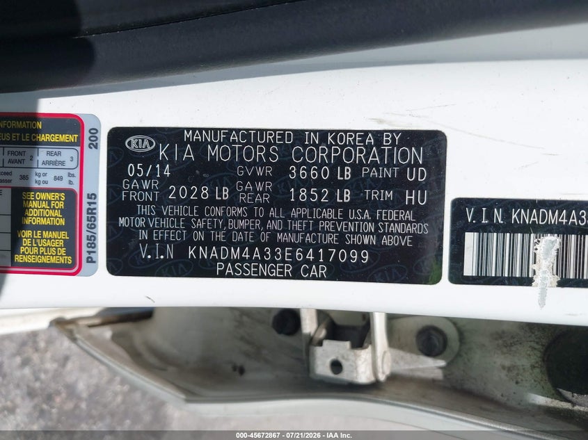 2014 Kia Rio Lx VIN: KNADM4A33E6417099 Lot: 45672867