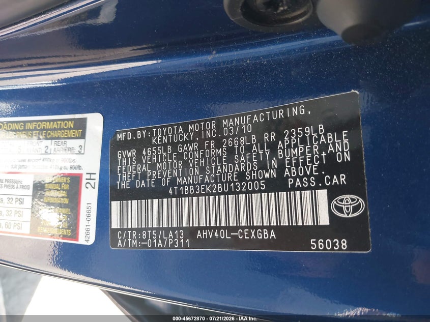 2011 TOYOTA CAMRY SEDAN 2.4L I-4 DOHC, VVT, 147HP