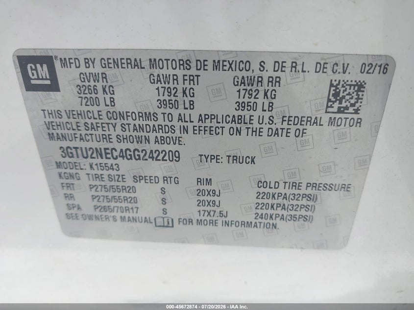 2016 GMC Sierra 1500 Slt VIN: 3GTU2NEC4GG242209 Lot: 45672874
