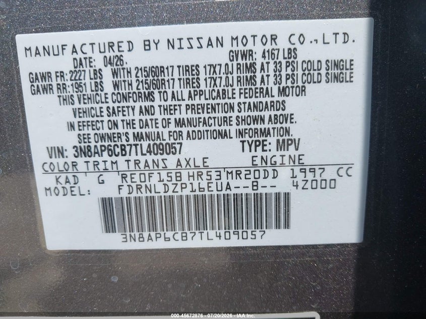 2026 Nissan Kicks Sv VIN: 3N8AP6CB7TL409057 Lot: 45672876