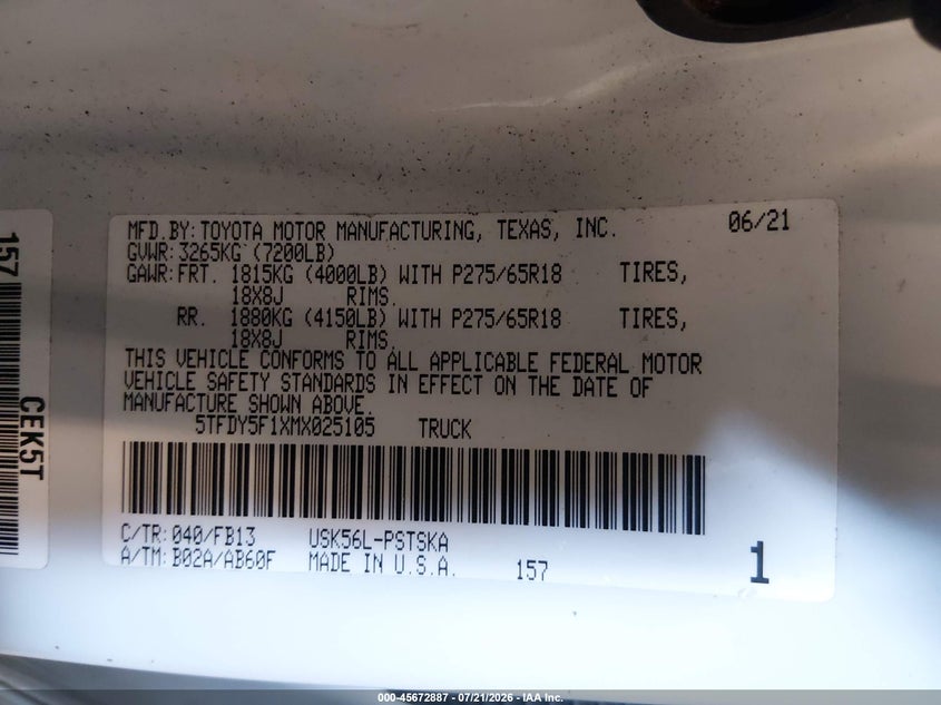 2021 Toyota Tundra Sr5 VIN: 5TFDY5F1XMX025105 Lot: 45672887