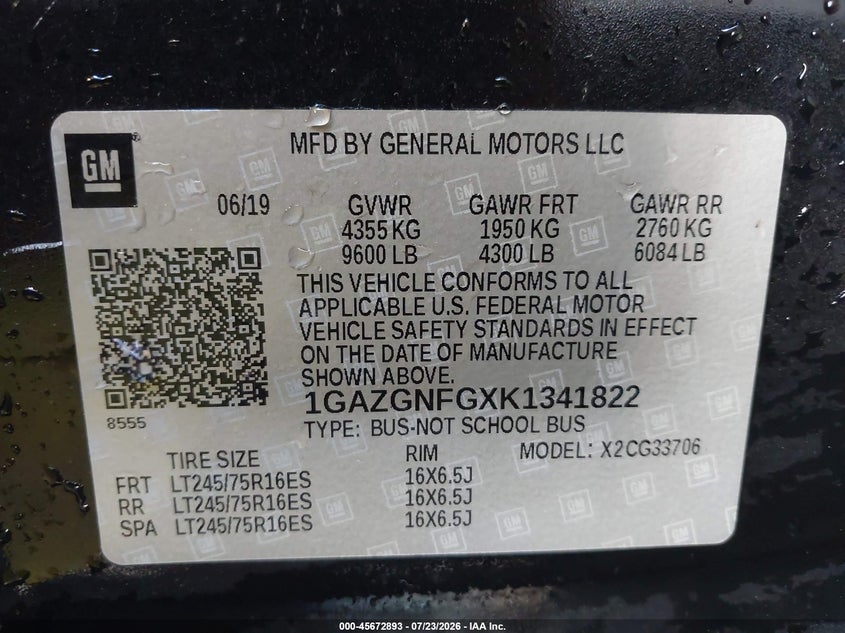 CHEVROLET EXPRESS 3500 2019 VIN 1GAZGNFGXK1341822