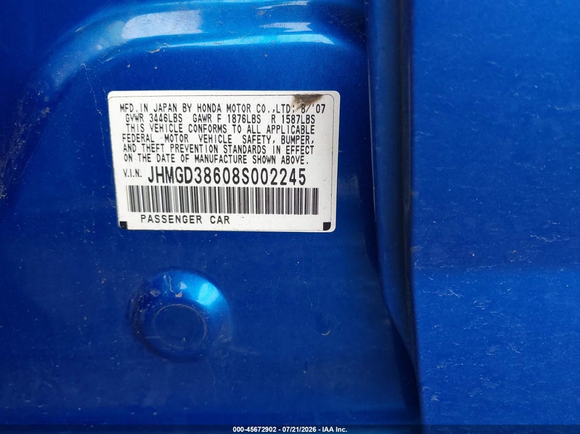 2008 Honda Fit Sport VIN: JHMGD38608S002245 Lot: 45672902