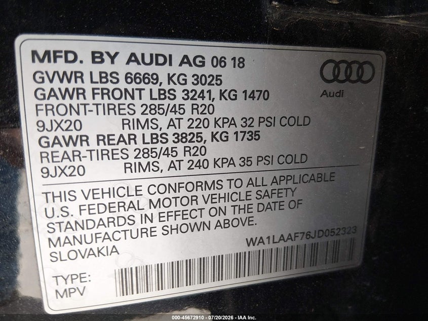 2018 Audi Q7 3.0T Premium VIN: WA1LAAF76JD052323 Lot: 45672910