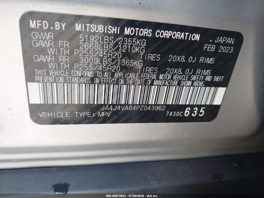 2023 Mitsubishi Outlander Sel 2.5 S-Awc/Sel 40Th Anniversary S-Awc/Sel Black Edition S-Awc VIN: JA4J4VA84PZ043962 Lot: 45672932