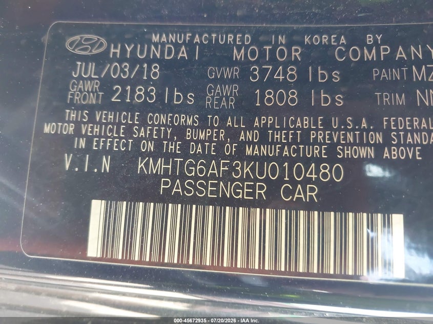 2019 Hyundai Veloster 2.0 VIN: KMHTG6AF3KU010480 Lot: 45672935