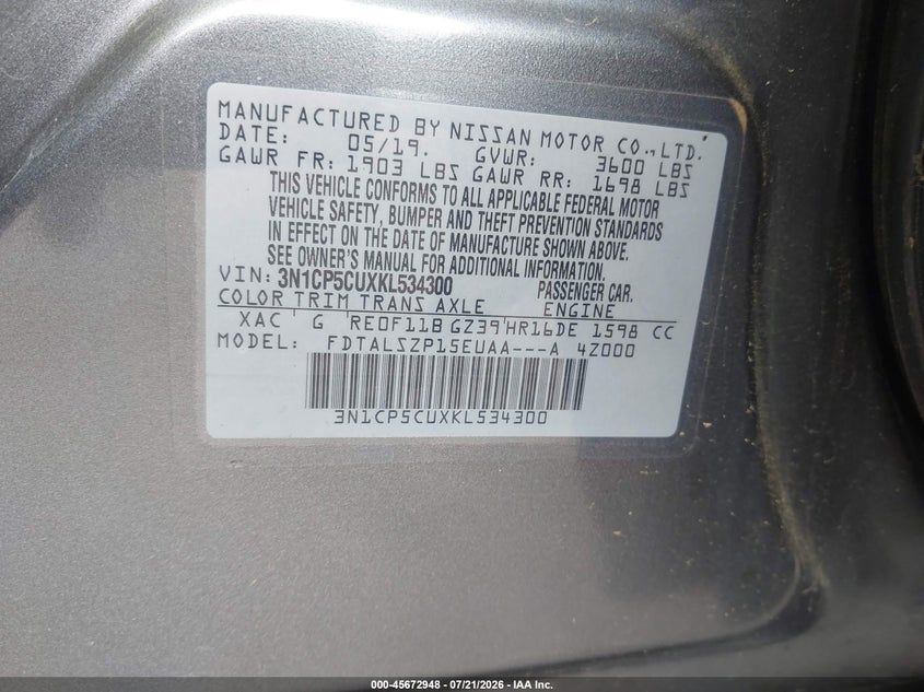 2019 Nissan Kicks Sv VIN: 3N1CP5CUXKL534300 Lot: 45672948