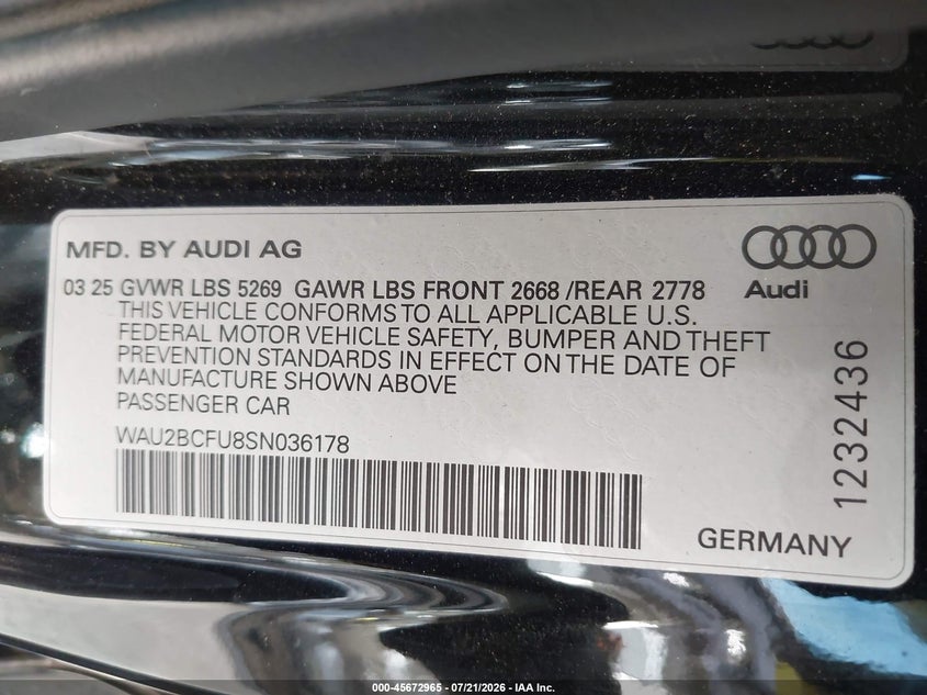 2025 Audi All-New A5 Premium Plus Tfsi Quattro S Tronic VIN: WAU2BCFU8SN036178 Lot: 45672965