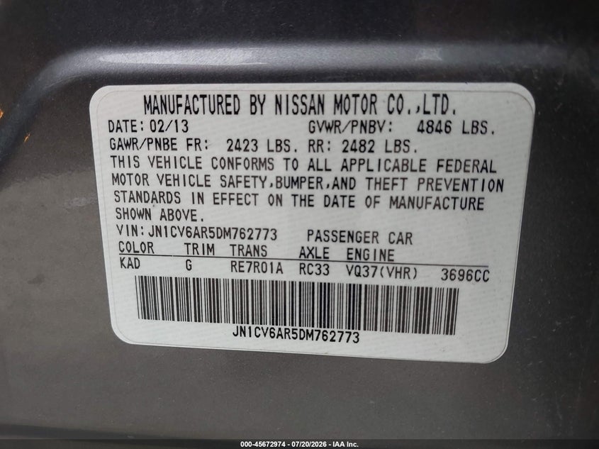 2013 Infiniti G37X VIN: JN1CV6AR5DM762773 Lot: 45672974
