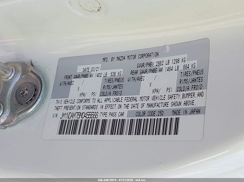 2021 Mazda Mx-5 Miata Rf Grand Touring VIN: JM1NDAM76M0455688 Lot: 45672979