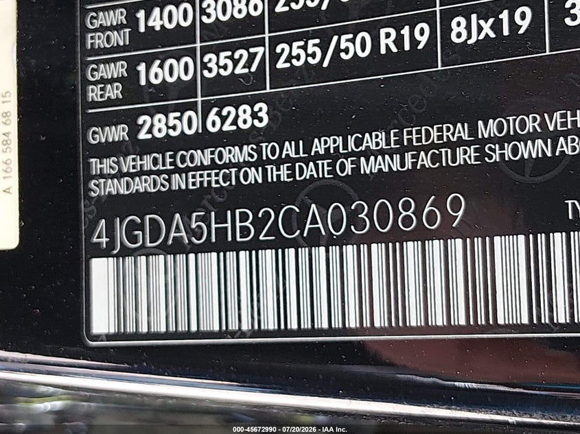 2012 Mercedes-Benz Ml 350 4Matic VIN: 4JGDA5HB2CA030869 Lot: 45672990