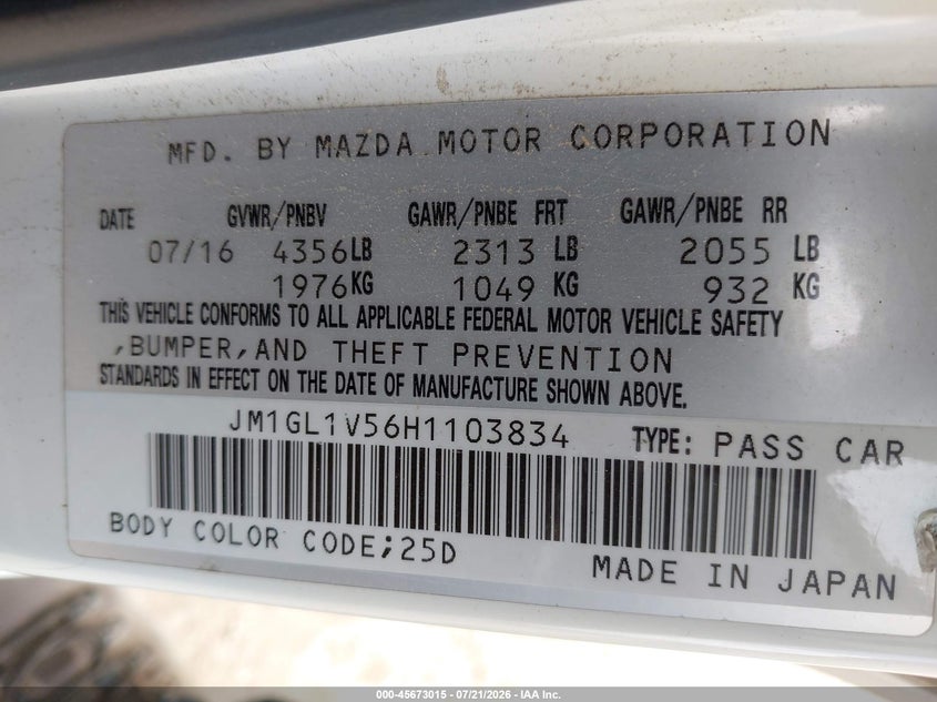 MAZDA MAZDA6 2017 VIN JM1GL1V56H1103834